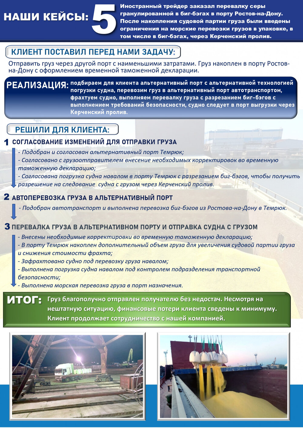 Перевалка серы гранулированной в биг-бэгах